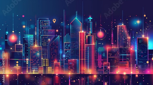 The cellular technology in the smart city appears pixelated, the smart city concept with signal towers that enable smooth business communications and easy access to information for residents