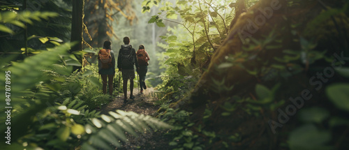 A group of friends with backpacks stroll along a lush forest path, enjoying a serene day of hiking and nature exploration.