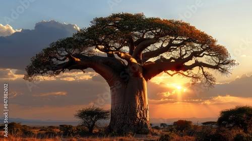 The Setting Sun Casts A Golden Glow On A Lone Baobab Tree In The African Savanna.