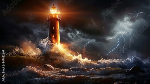 A Lighthouse Stands Tall And Strong During A Raging Storm.