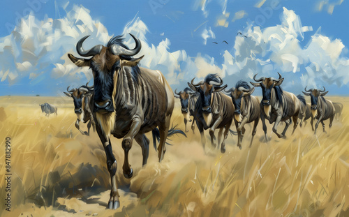 Herd of wildebeest migrating across the plains, their hooves kicking up dust as they follow ancient migration routes in search of fresh grazing lands