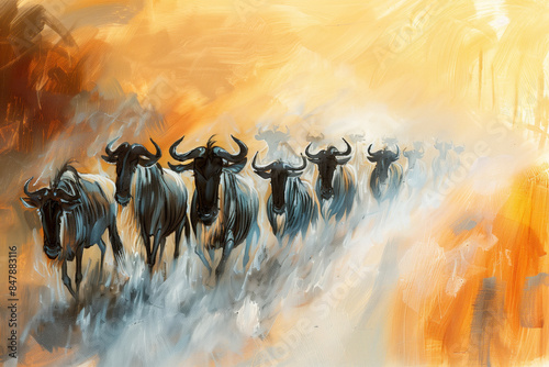 Herd of wildebeest migrating across the plains, their hooves kicking up dust as they follow ancient migration routes in search of fresh grazing lands