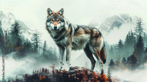 A majestic grey wolf stands tall on a rock outcropping in the misty mountains.