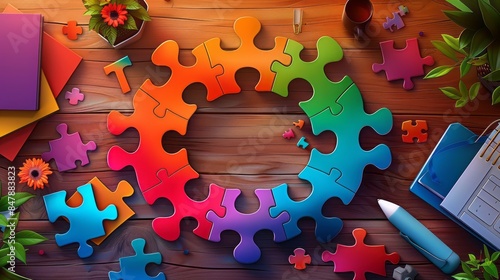 Colorful Puzzle Pieces On A Wooden Table. The Concept Of Teamwork And Cooperation.