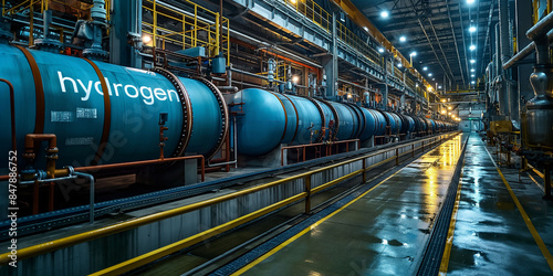 a long, narrow corridor flanked by large, labeled hydrogen storage tanks in a high-tech industrial environment. advanced energy solutions and is suitable for discussions about sustainable technology.