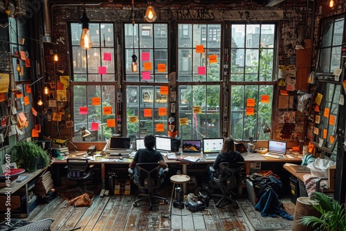 Two People Working at Desks in a Loft With Large Windows and Post-it Notes
