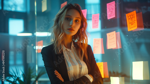 A Russian model in a modern tech office, standing and brainstorming ideas on a glass wall with sticky notes