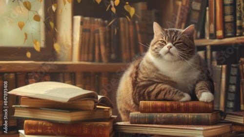 A chubby cat sitting on a stack of books, looking wise and contemplative.