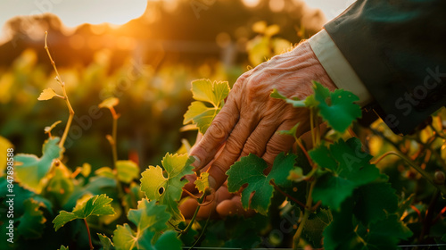 A professional hands of oenologist or winemaker checks the vineyard and the quality of the grapes for the wine