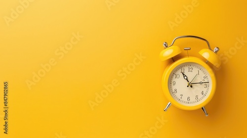 Elegant retro alarm clock on a serene butter yellow background, ideal for creative copyspace