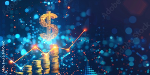 Digital dollar symbol with financial growth chart and blue bokeh background