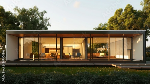 modern modular home with a minimalist design, large glass walls, and eco-friendly materials
