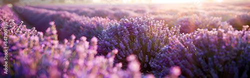 Blossoming lavender field Nature background Horizontal banner floral landscape 