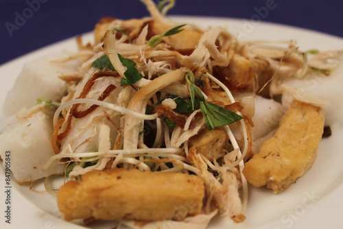 Close up of tahoe longtong, Surinamese Indonesian dish on a white plate. Steamed tofu and rice with chicken, baked onions and garlic, ketjap sambal and garnished with celery and bean sprouts.