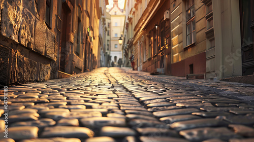 Sunlit cobblestone street in old European city at sunset
