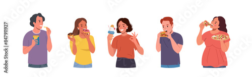 Young women and men eats fast food. Vector flat cartoon illustration