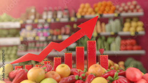 Illustration of rising grocery prices depicted as a financial graph with a 3D rendered arrow, symbolizing an inflation crisis in food costs