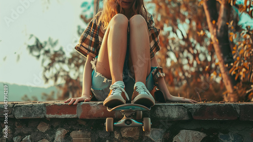 Young woman with skateboard relaxing on a wall outdoors