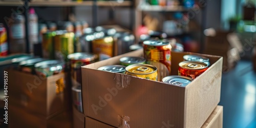 Variety of canned goods in cardboard boxes