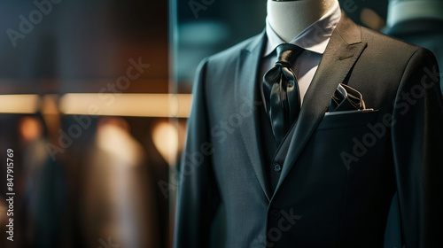 Custom expensive tailored suit, tuxedo displayed on a mannequin, isolated against a background