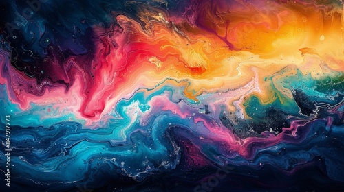 Vibrant flowing colors create an organic abstract painting that resembles a galaxy or underwater scene