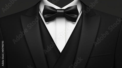 Template a men's black smoking suit with a necktie, blank background for VIP parties, weddings, or fashion and corporate events. Depicts a tuxedo with a black bow and a white shirt