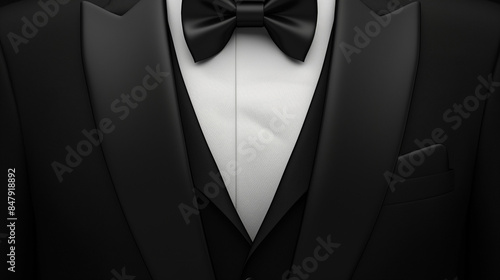 Template a men's black smoking suit with a necktie, blank background for VIP parties, weddings, or fashion and corporate events. Depicts a tuxedo with a black bow and a white shirt