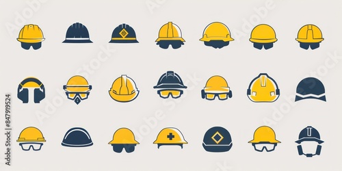 icon of Collection glasses and hard hat icons on light background.