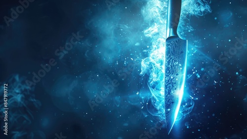 Glowing knife with intricate designs, emitting blue smoke