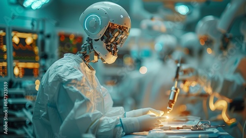 In the operating room, a robotic arm assists surgeons in precision surgical procedures, showcasing the integration of AI technology in modern healthcare.