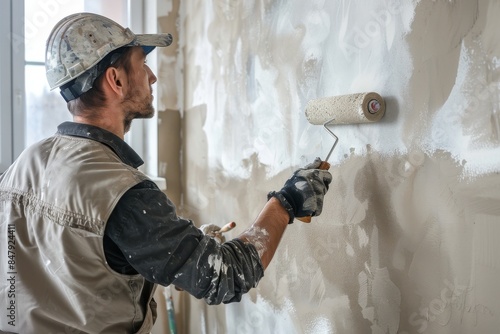 Worker paints an inner wall in an apartment with a roller. Renovation of the house.