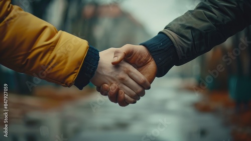 Two individuals shaking hands outdoors in blurred urban setting