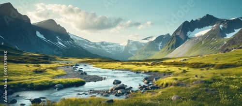 beautiful view of the river and mountains. Creative banner. Copyspace image