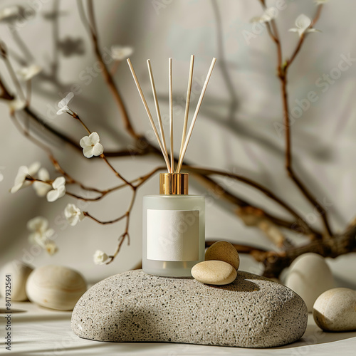 product photography for luxury reed diffuser mockup , minimalist, beige, nature , pebble, twigs.