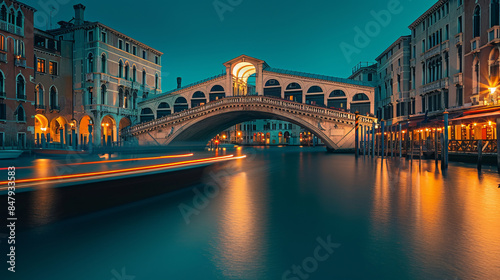 Venice Rialto Bridge at night with illuminated buildings and boat trails