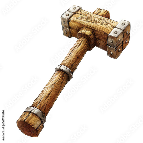 A wooden war hammer with metal accents. The hammer head is square shaped with a carved design. The handle is long and sturdy.