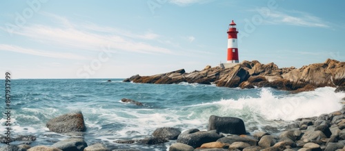 rocky coast and lighthouse against clear sea. Creative banner. Copyspace image