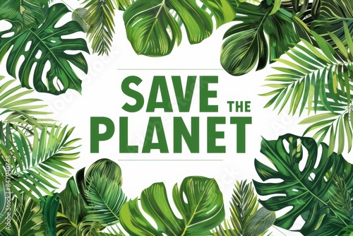 save the planet - text on white with green leaves around banner for eco sustainable initiate