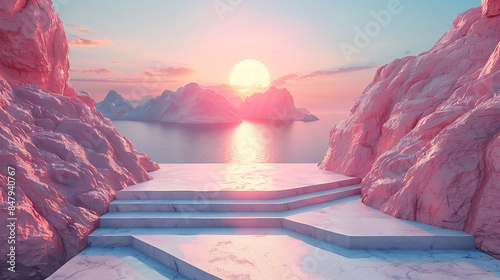 Surreal Marble Staircase Leading to Serene Waters at Sunset