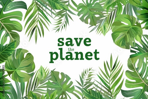 save the planet - text on white with green leaves around banner for eco sustainable initiate