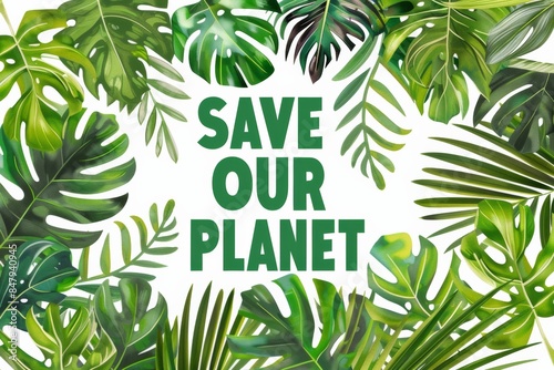save our planet - text on white with green leaves around banner for eco sustainable initiate