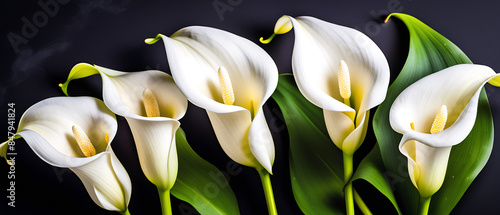 White calla lily flowers on black background, death lily flower condolence card, funeral concept image.