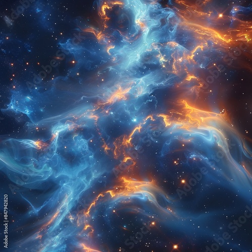 A blue and orange wavy nebula of energy with stars in the background 