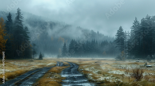 Misty Forest Landscape with Dirt Road