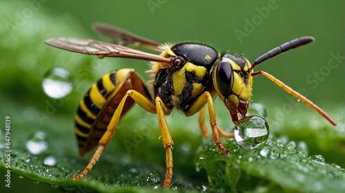 macro photography of a wasp on a leaf of grass