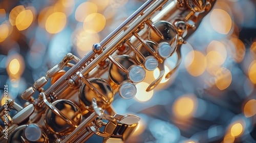 A saxophone with a purposely blurred logo, set against a background of festive bokeh lights
