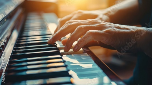 Close-up of hands playing the piano, music and creativity, elegant background