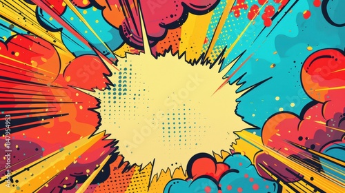 Pop art explosion background with blank text box, vibrant comic book style