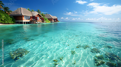 A picturesque beach scene on the Maldives with pristine white sands, turquoise waters, and luxurious overwater bungalows. Include vibrant marine life for snorkeling and diving.