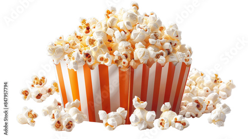 A classic red and white striped popcorn box overflowing with fluffy popcorn.